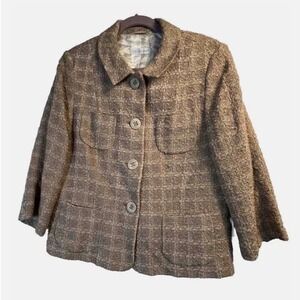 Sonia Bogner Tan Gold Metallic Tweed Wool Silk Blazer Jacket Womens US 12 L